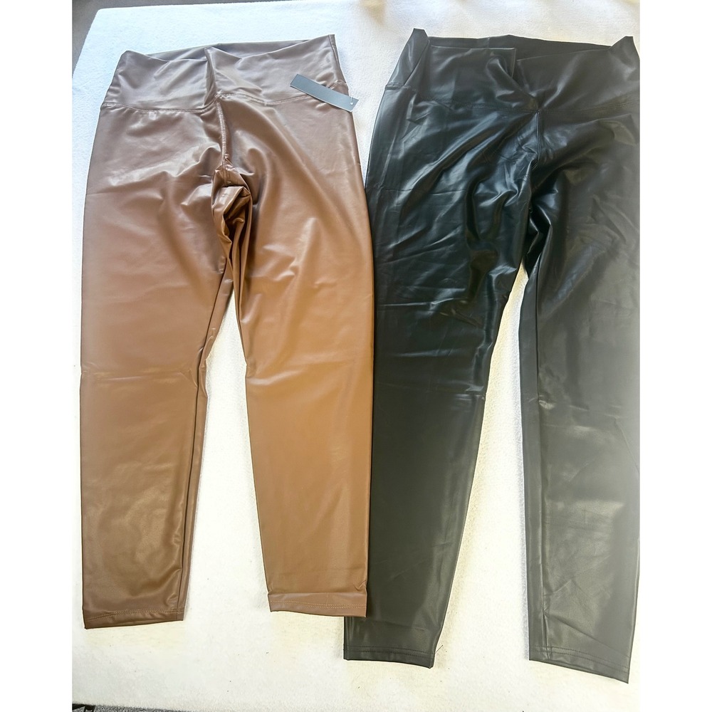 Leggings Depot Womens 2X Faux Leather Leggings Set 2 Pair Brown Black FXLDX NEW